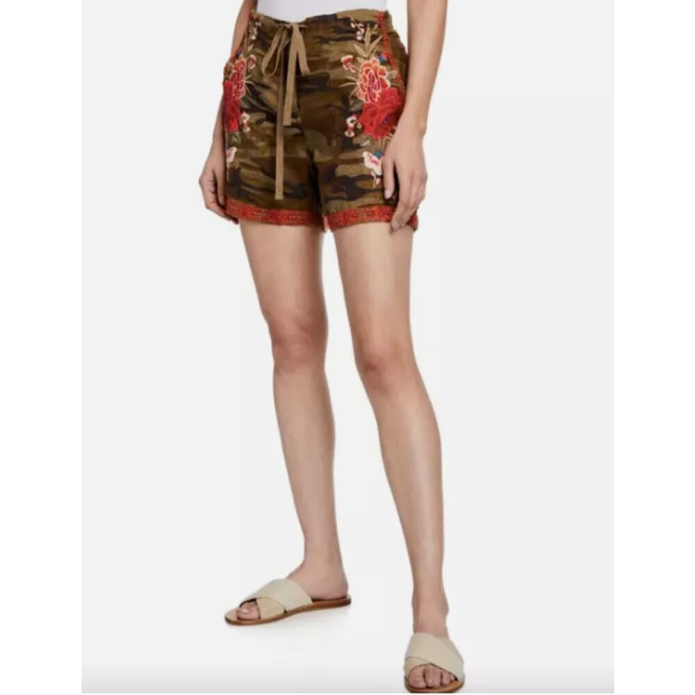 Johnny Was Women's Burken Linen Shorts Camouflauge Floral Embroidery Drawstring